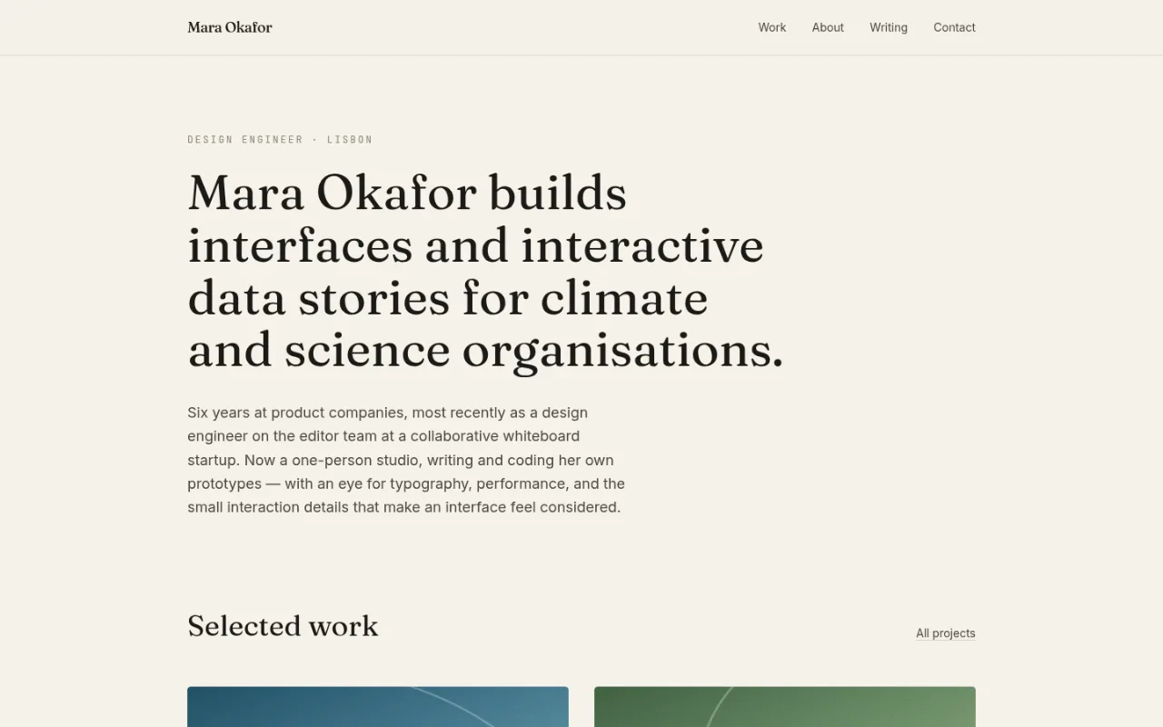 Designer-engineer portfolio, baseline condition: the first viewport of the generated site