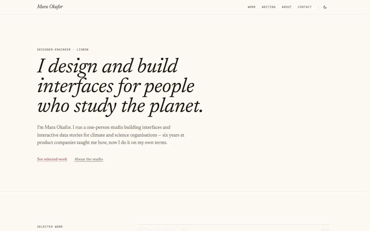 Designer-engineer portfolio, void condition: the first viewport of the generated site